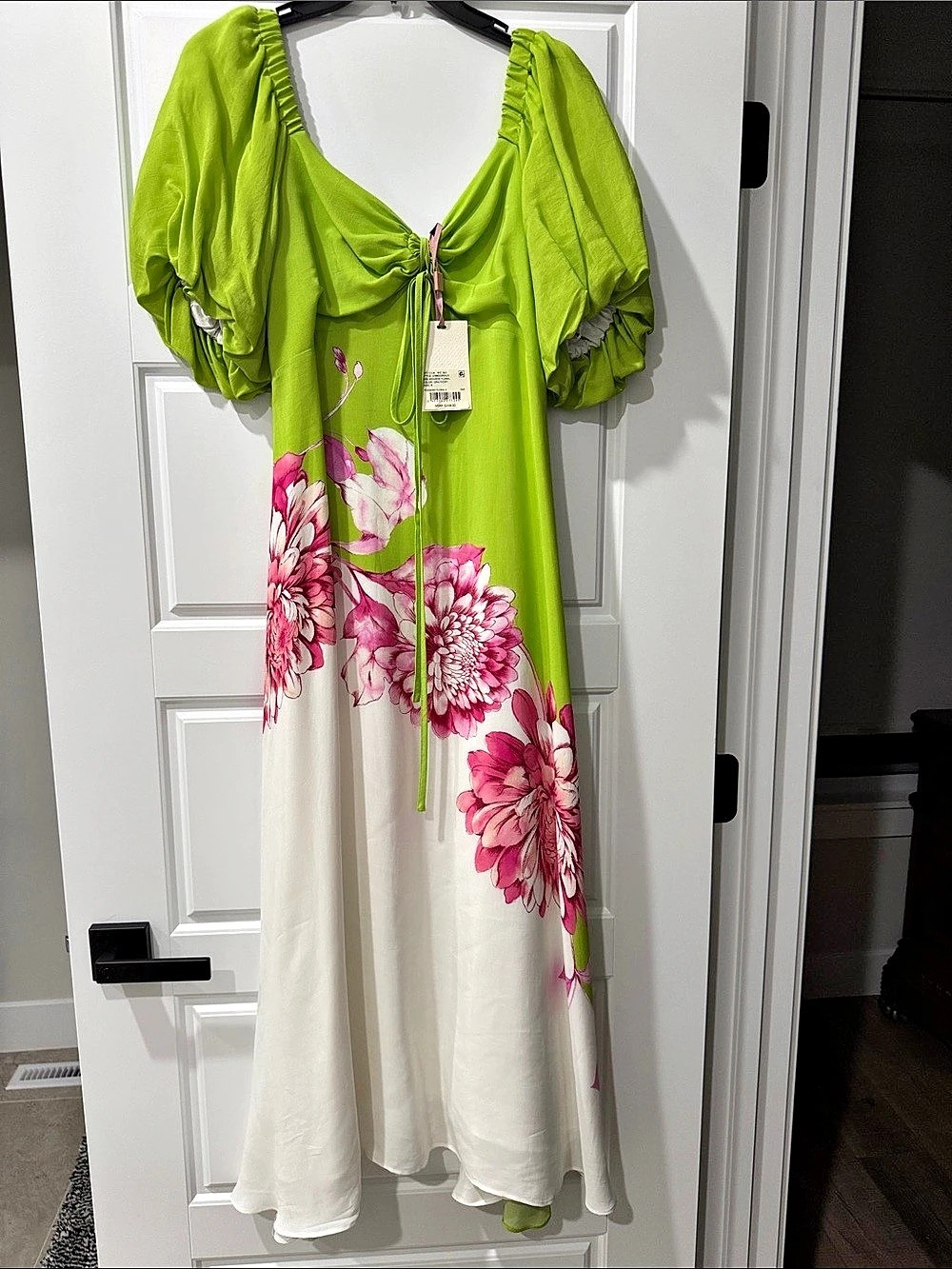Alex Marie Monroe Floral Short Puff Sleeve Sweetheart Halter Tie Neck A-Line